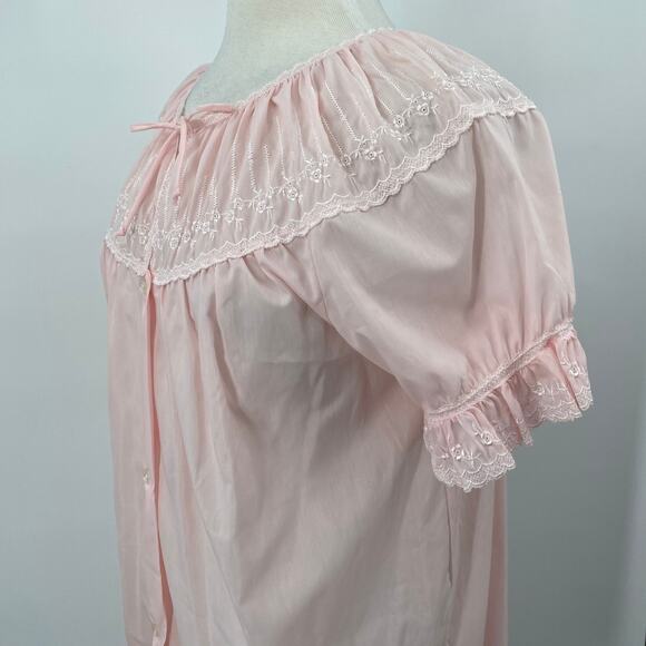 Vintage Nightgown Embroidered Neck Ruffled Short Sleeves Mini Pink Womens Medium - Picture 6 of 9